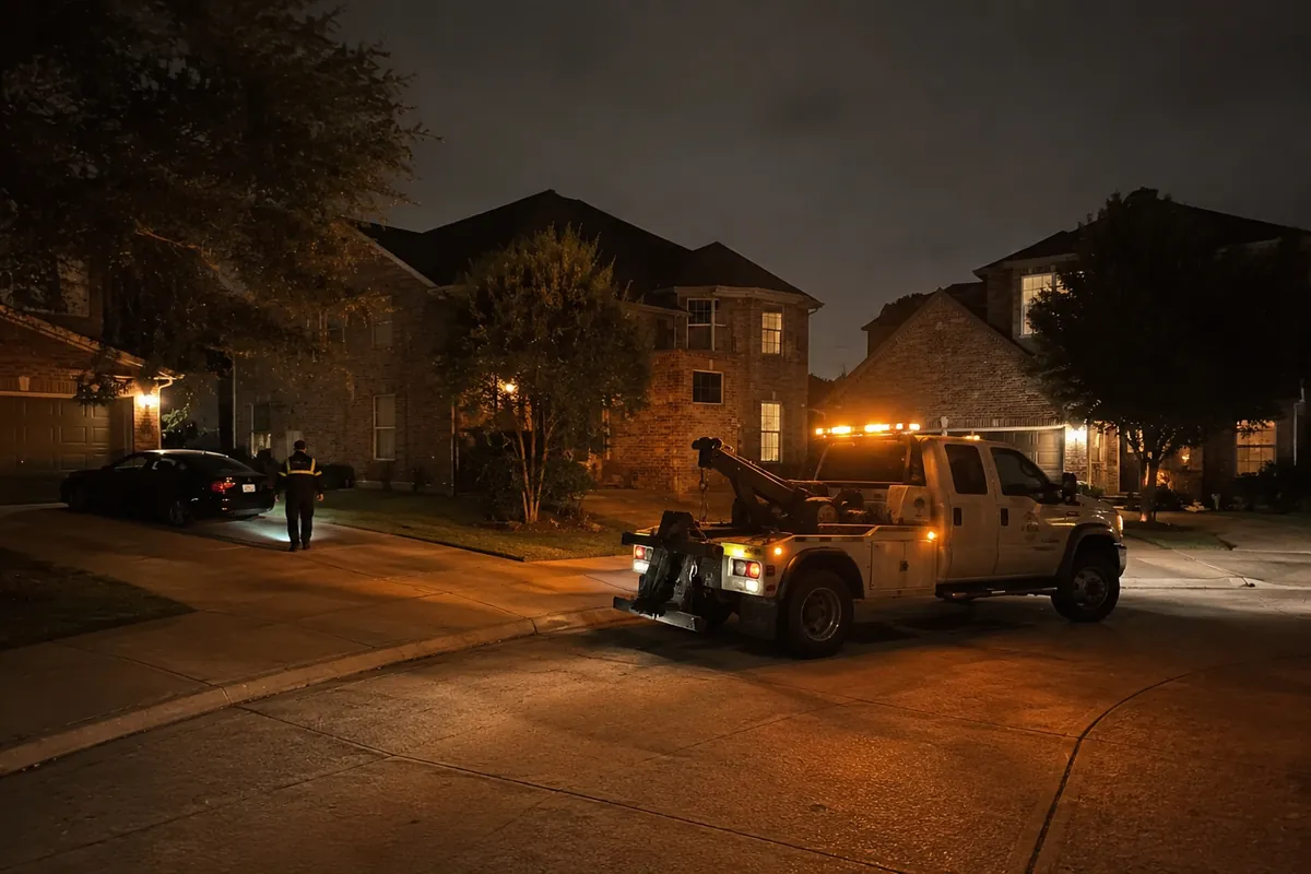 24 hour roadside assistance arriving at an Atascocita home at night