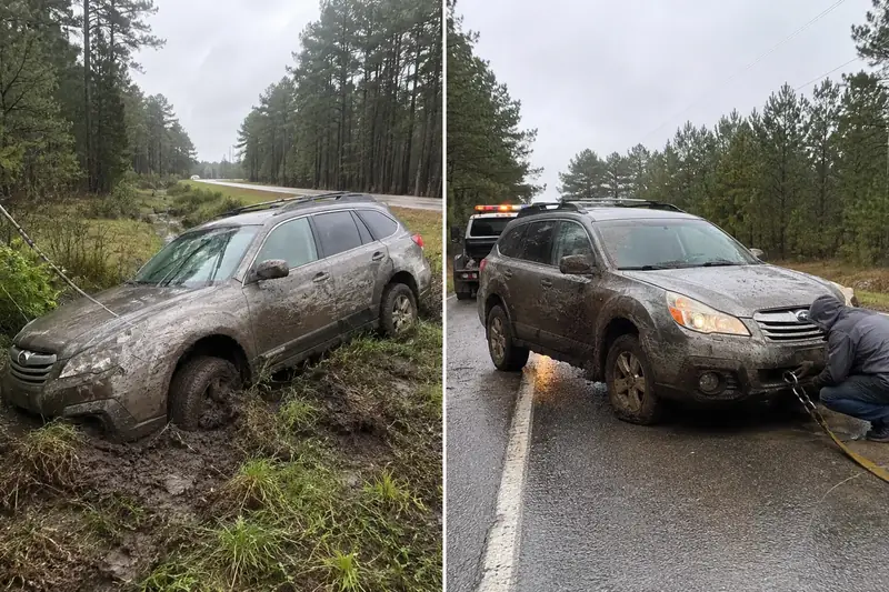 Before and after of a crossover winched out of the mud near Humble